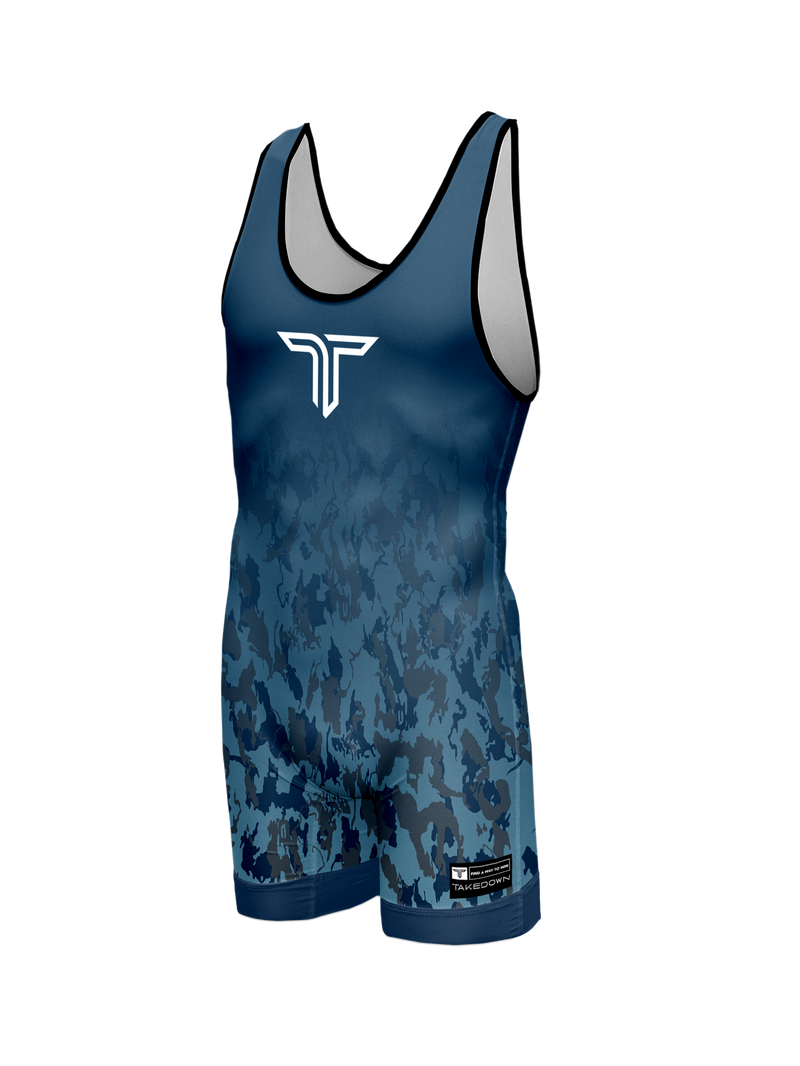 Youth Particle Camo Blue Wrestling Singlet